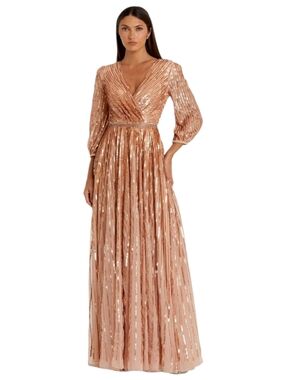 Mac Dougall Rose Gold Sequin Wrap Over Dress 3/4 Sleeve Maxi Formal Plus Size 14